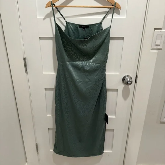 Lulu’s Sage Green Satin Jacquard Cowl Neck Midi Dress. - Picture 3 of 7
